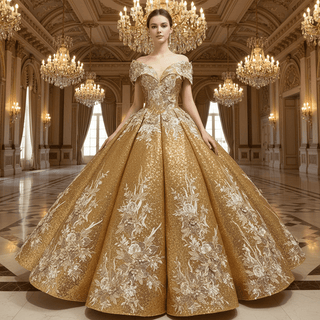 Off the Shoulder Gold Floral Quinceañera Dresses Formal Gown - Rosymae