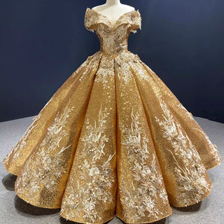 Off the Shoulder Gold Floral Quinceañera Dresses Formal Gown - Rosymae