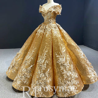 Off the Shoulder Gold Floral Quinceañera Dresses Formal Gown - Rosymae