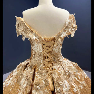 Off the Shoulder Gold Floral Quinceañera Dresses Formal Gown - Rosymae
