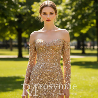Off the Shoulder Gold Sparkle Wedding Dress with Detachable Train - Rosymae