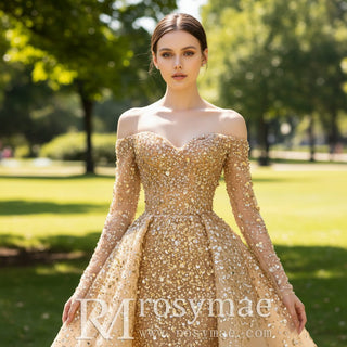 Off the Shoulder Gold Sparkle Wedding Dress with Detachable Train - Rosymae