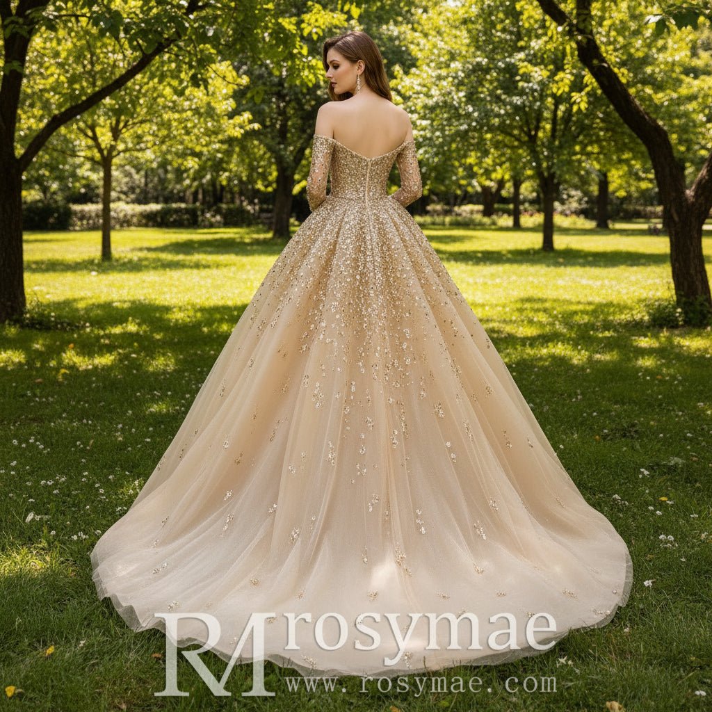 Off the Shoulder Gold Sparkle Wedding Dress with Detachable Train - Rosymae