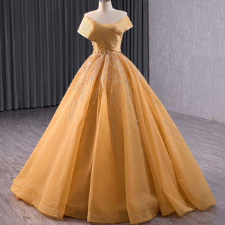 Off the Shoulder Gold Wedding Dress Ball Gown Quinceanera Gown - Rosymae