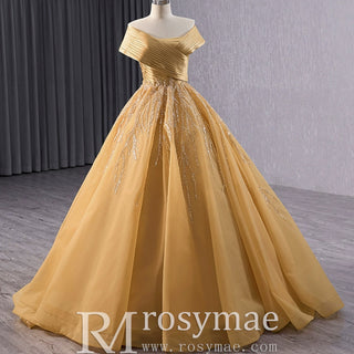 Off the Shoulder Gold Wedding Dress Ball Gown Quinceanera Gown - Rosymae
