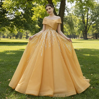 Off the Shoulder Gold Wedding Dress Ball Gown Quinceanera Gown - Rosymae