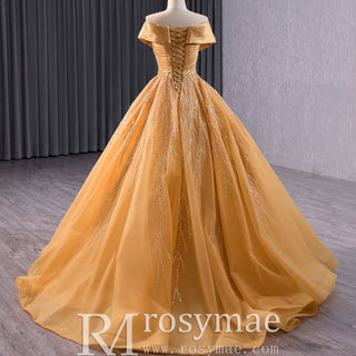 Off the Shoulder Gold Wedding Dress Ball Gown Quinceanera Gown - Rosymae
