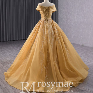 Off the Shoulder Gold Wedding Dress Ball Gown Quinceanera Gown - Rosymae