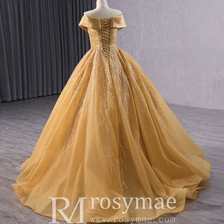 Off the Shoulder Gold Wedding Dress Ball Gown Quinceanera Gown - Rosymae