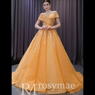 Off the Shoulder Gold Wedding Dress Ball Gown Quinceanera Gown - Rosymae