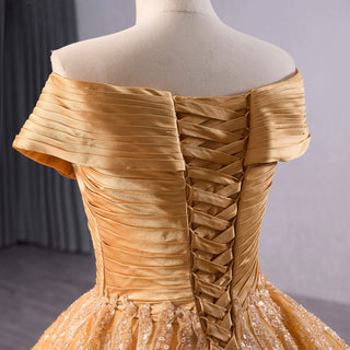 Off the Shoulder Gold Wedding Dress Ball Gown Quinceanera Gown - Rosymae