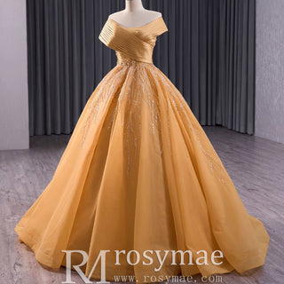 Off the Shoulder Gold Wedding Dress Ball Gown Quinceanera Gown - Rosymae