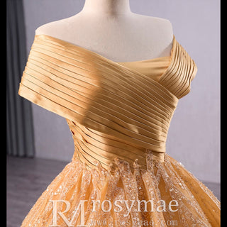 Off the Shoulder Gold Wedding Dress Ball Gown Quinceanera Gown - Rosymae