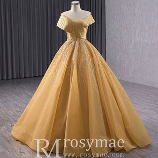 Off the Shoulder Gold Wedding Dress Ball Gown Quinceanera Gown - Rosymae