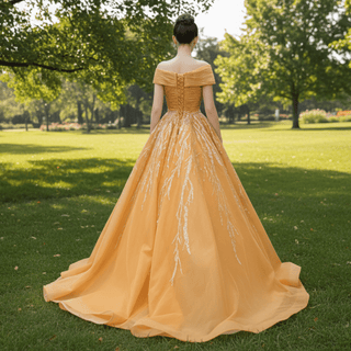 Off the Shoulder Gold Wedding Dress Ball Gown Quinceanera Gown - Rosymae