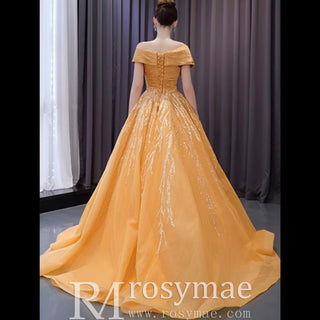 Off the Shoulder Gold Wedding Dress Ball Gown Quinceanera Gown - Rosymae