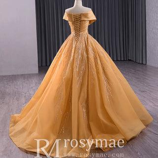Off the Shoulder Gold Wedding Dress Ball Gown Quinceanera Gown - Rosymae
