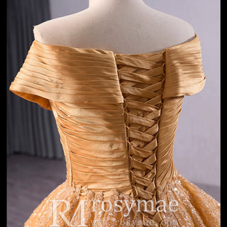 Off the Shoulder Gold Wedding Dress Ball Gown Quinceanera Gown - Rosymae