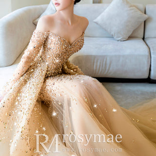 Off the Shoulder Gold Sparkle Wedding Dress with Detachable Train
