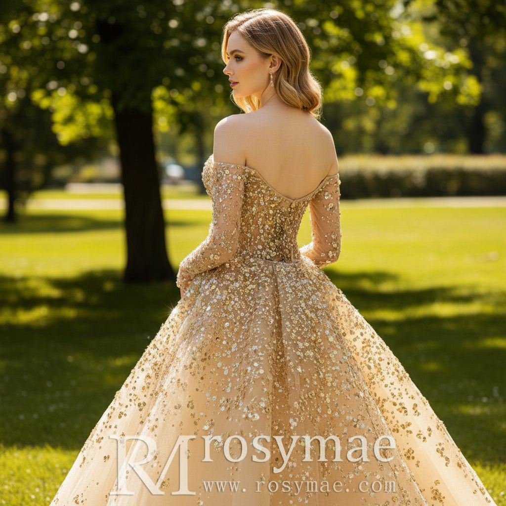 Off the Shoulder Gold Sparkle Wedding Dress with Detachable Train Gold / Custom Size Off the Shoulder Gold Sparkle Wedding Dress with Detachable Train Gold / Custom Size