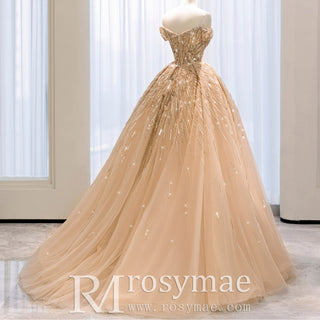 Glitter Champagne Formal Dress Off Shoulder Sequin Evening Gowns