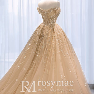 Glitter Champagne Formal Dress Off Shoulder Sequin Evening Gowns