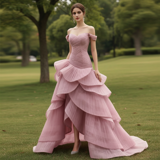 Elegant Ruffle Off the Shoulder High Low Formal Dress for Wedding