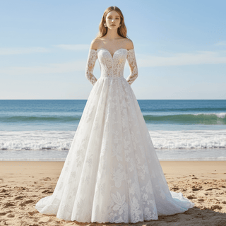 Off The Shoulder Lace Long Sleeve A-line Wedding Dress - Rosymae