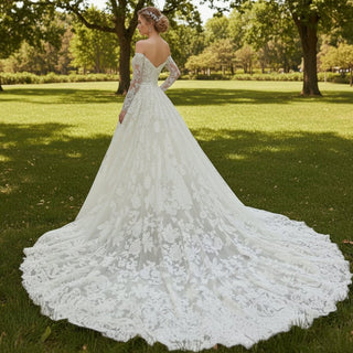 Off The Shoulder Lace Long Sleeve A-line Wedding Dress - Rosymae