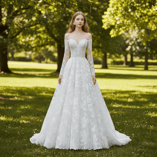 Off The Shoulder Lace Long Sleeve A-line Wedding Dress - Rosymae