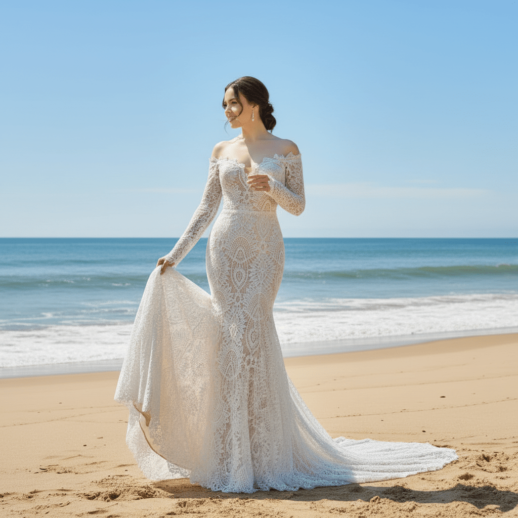 Off the Shoulder Lace Mermaid Wedding Dress with Long Sleeve - Rosymae