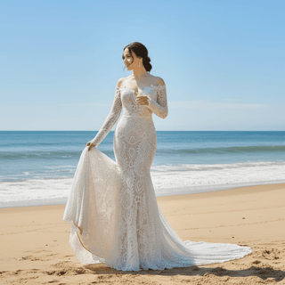 Off the Shoulder Lace Mermaid Wedding Dress with Long Sleeve - Rosymae