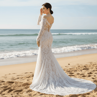 Off the Shoulder Lace Mermaid Wedding Dress with Long Sleeve - Rosymae