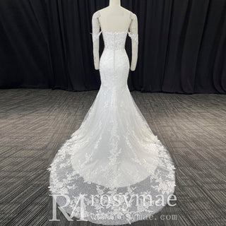 Off the Shoulder Lace Trumpet Wedding Dresses with Sweetheart Neck - Rosymae