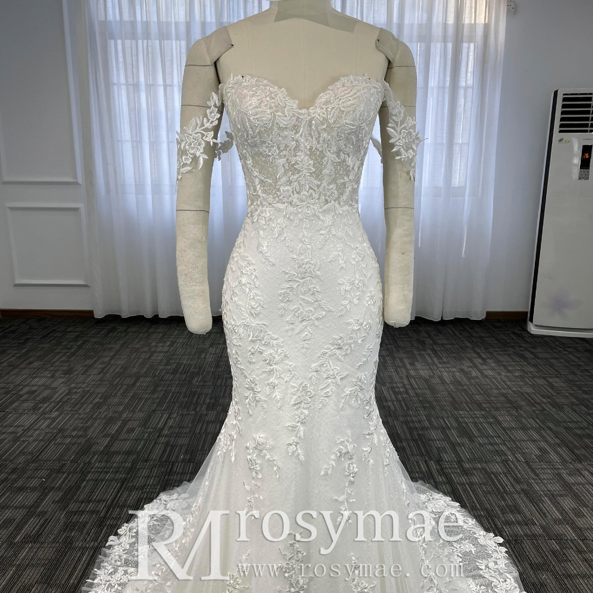 Off the Shoulder Lace Trumpet Wedding Dresses with Sweetheart Neck - Rosymae