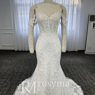 Off the Shoulder Lace Trumpet Wedding Dresses with Sweetheart Neck - Rosymae
