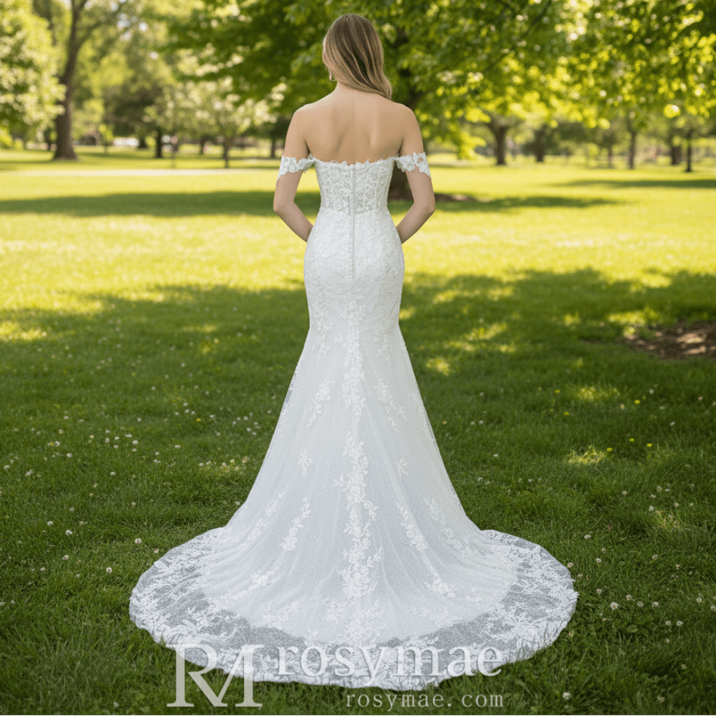 Off the Shoulder Lace Trumpet Wedding Dresses with Sweetheart Neck - Rosymae