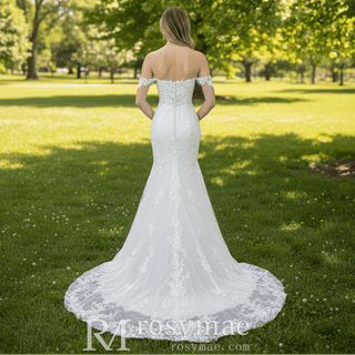 Off the Shoulder Lace Trumpet Wedding Dresses with Sweetheart Neck - Rosymae