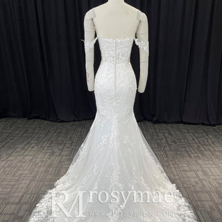 Off the Shoulder Lace Trumpet Wedding Dresses with Sweetheart Neck - Rosymae