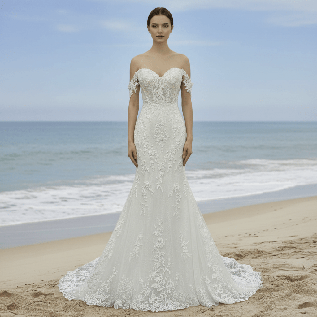 Off the Shoulder Lace Trumpet Wedding Dresses with Sweetheart Neck - Rosymae