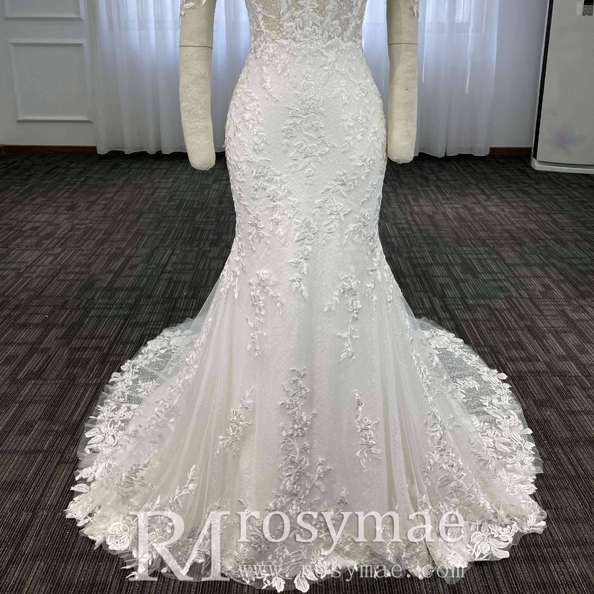 Off the Shoulder Lace Trumpet Wedding Dresses with Sweetheart Neck - Rosymae