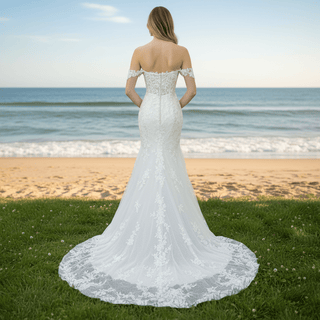 Off the Shoulder Lace Trumpet Wedding Dresses with Sweetheart Neck - Rosymae