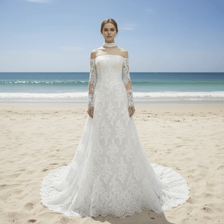 Off-the-Shoulder Lace Wedding Dress with Removable Sleeves and Choker - Rosymae
