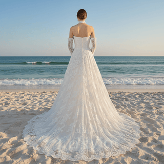 Off-the-Shoulder Lace Wedding Dress with Removable Sleeves and Choker - Rosymae
