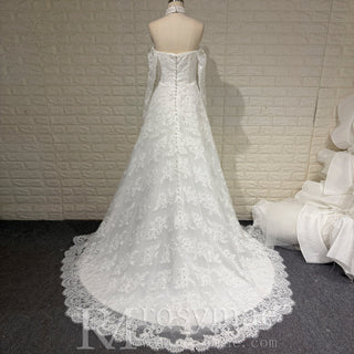 Off-the-Shoulder Lace Wedding Dress with Removable Sleeves and Choker - Rosymae
