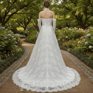 Off-the-Shoulder Lace Wedding Dress with Removable Sleeves and Choker - Rosymae