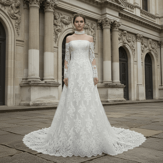 Off-the-Shoulder Lace Wedding Dress with Removable Sleeves and Choker - Rosymae