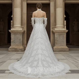 Off-the-Shoulder Lace Wedding Dress with Removable Sleeves and Choker - Rosymae