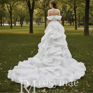 Off the Shoulder Layered Ruffle Wedding Dress with Sheer Bodice - Rosymae