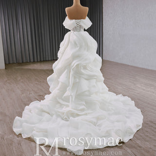 Off the Shoulder Layered Ruffle Wedding Dress with Sheer Bodice - Rosymae